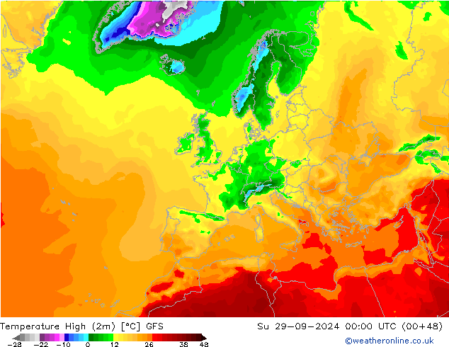 température 2m max GFS dim 29.09.2024 00 UTC