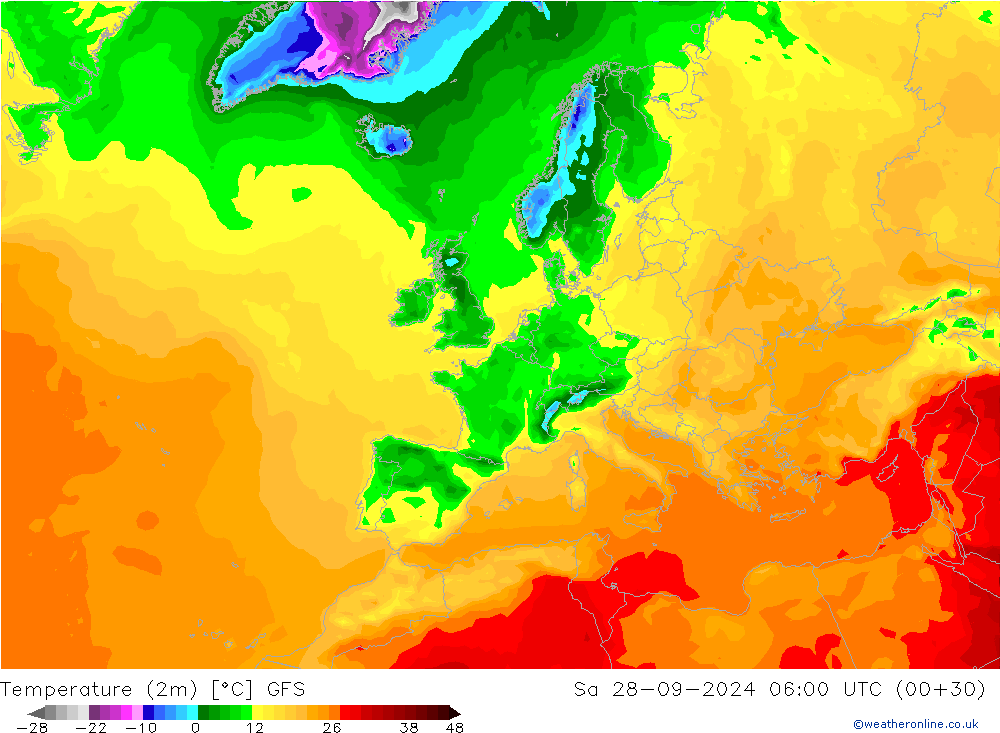 Temperaturkarte (2m) GFS Sa 28.09.2024 06 UTC