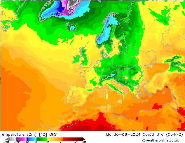 Temperature (2m) GFS Mo 30.09.2024 00 UTC