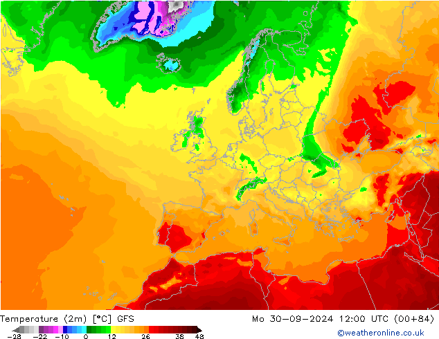 Temperature (2m) GFS Mo 30.09.2024 12 UTC