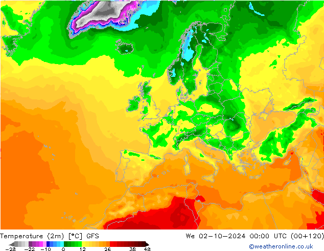 mapa temperatury (2m) GFS śro. 02.10.2024 00 UTC