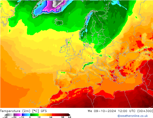 Temperatura (2m) GFS mer 09.10.2024 12 UTC