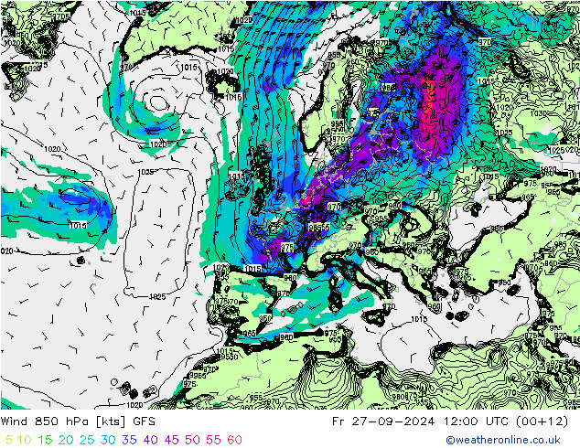 Wind 850 hPa GFS Pá 27.09.2024 12 UTC