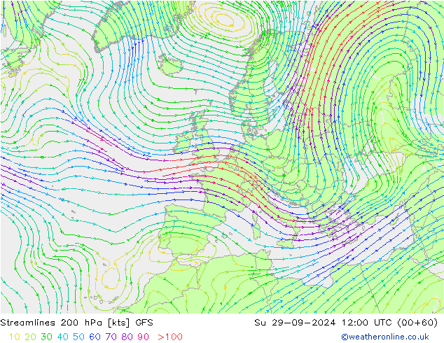 Streamlines 200 hPa GFS Ne 29.09.2024 12 UTC