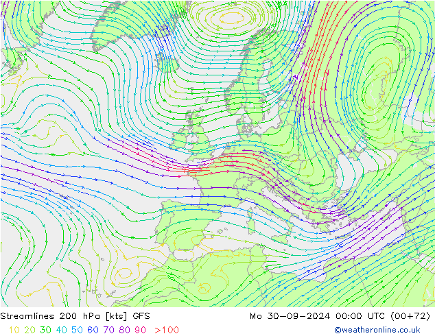 Streamlines 200 hPa GFS Po 30.09.2024 00 UTC