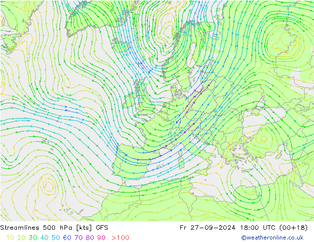 Linea di flusso 500 hPa GFS ven 27.09.2024 18 UTC