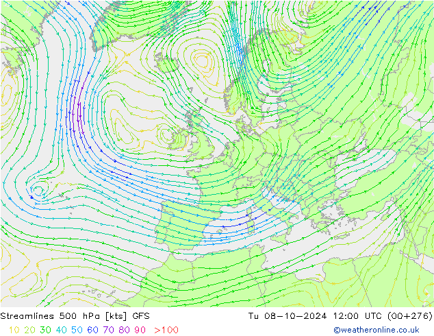 Linia prądu 500 hPa GFS wto. 08.10.2024 12 UTC