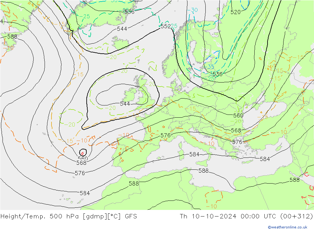 Yükseklik/Sıc. 500 hPa GFS Per 10.10.2024 00 UTC