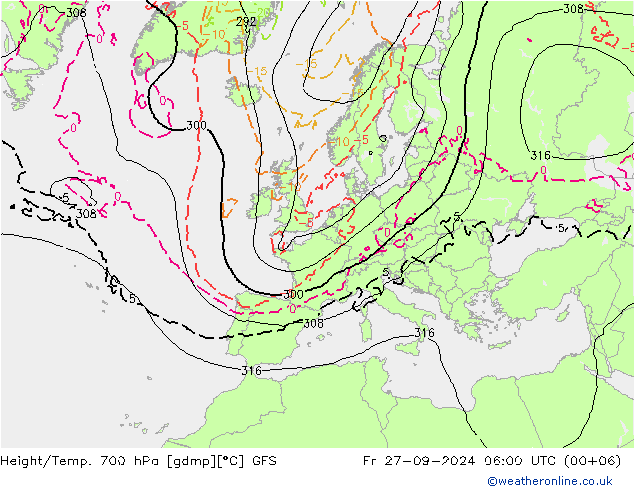 Geop./Temp. 700 hPa GFS vie 27.09.2024 06 UTC