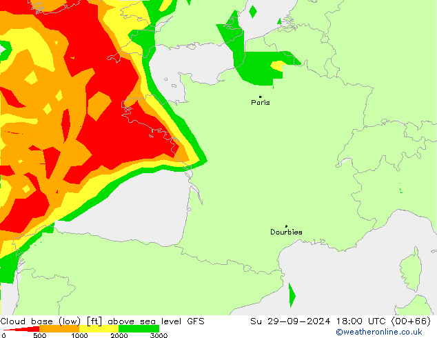 Cloud base (low) GFS Su 29.09.2024 18 UTC