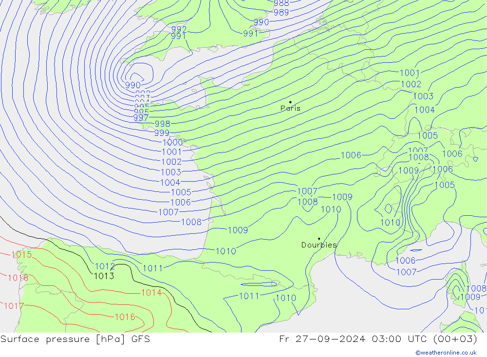 Pressione al suolo GFS ven 27.09.2024 03 UTC