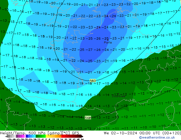 Z500/Rain (+SLP)/Z850 GFS Qua 02.10.2024 00 UTC