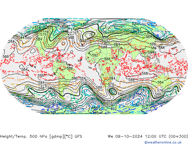 Z500/Rain (+SLP)/Z850 GFS mer 09.10.2024 12 UTC