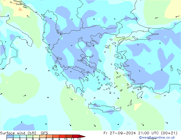  10 m (bft) GFS  27.09.2024 21 UTC