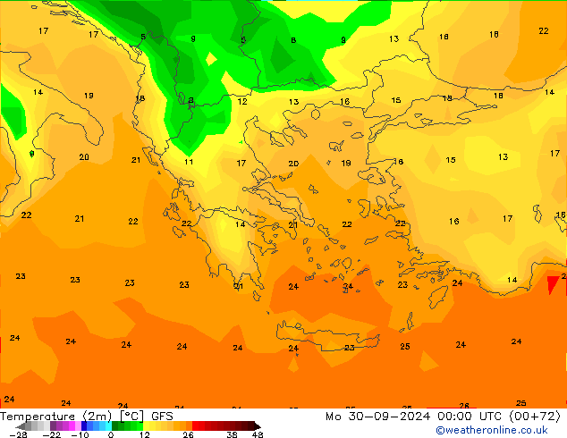 Temperature (2m) GFS Mo 30.09.2024 00 UTC