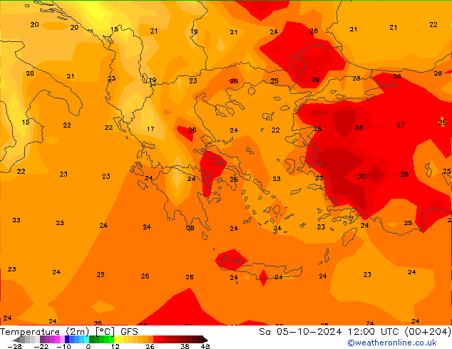 Temperatura (2m) GFS Sáb 05.10.2024 12 UTC