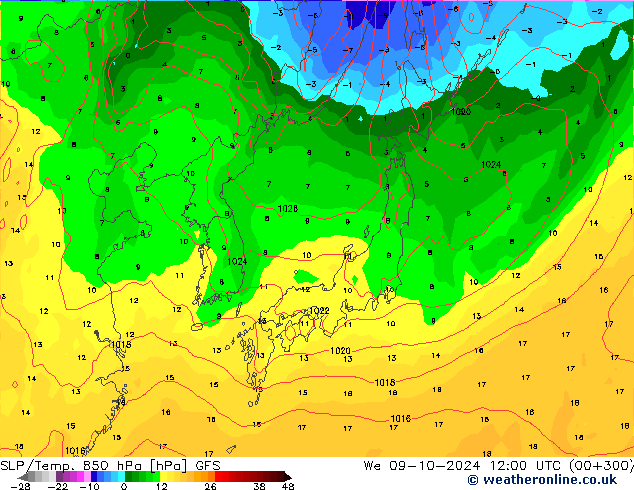 SLP/Temp. 850 hPa GFS We 09.10.2024 12 UTC