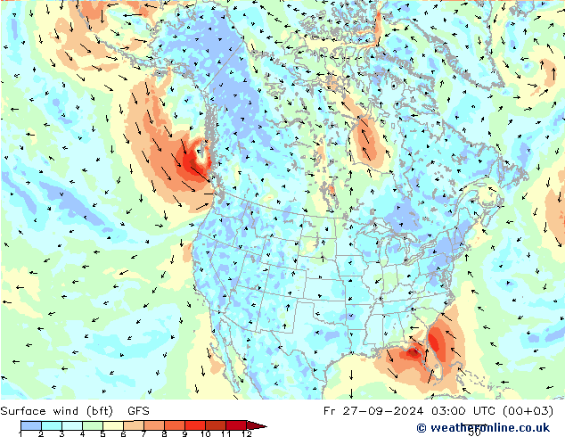 Wind 10 m (bft) GFS vr 27.09.2024 03 UTC