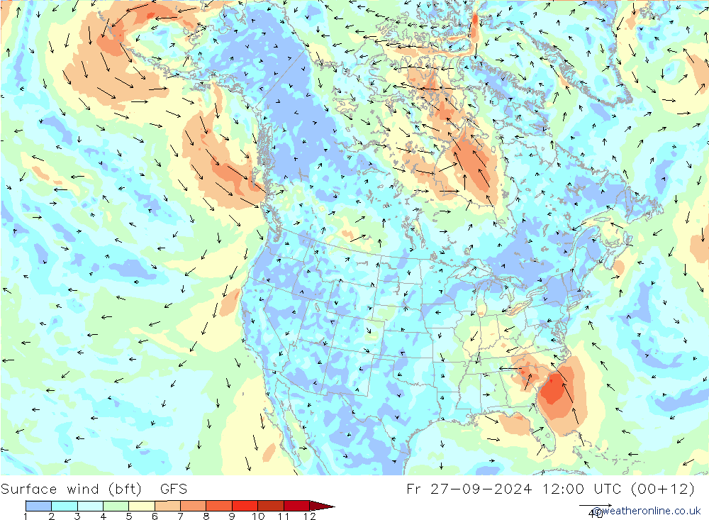 ве�Bе�@ 10 m (bft) GFS пт 27.09.2024 12 UTC