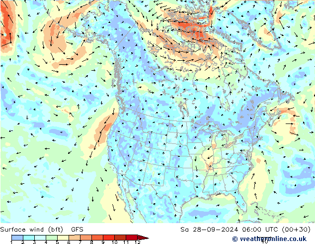 Surface wind (bft) GFS So 28.09.2024 06 UTC