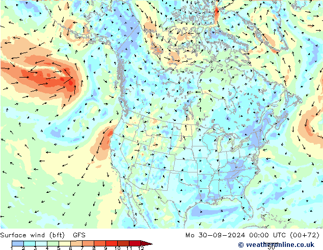 Surface wind (bft) GFS Mo 30.09.2024 00 UTC