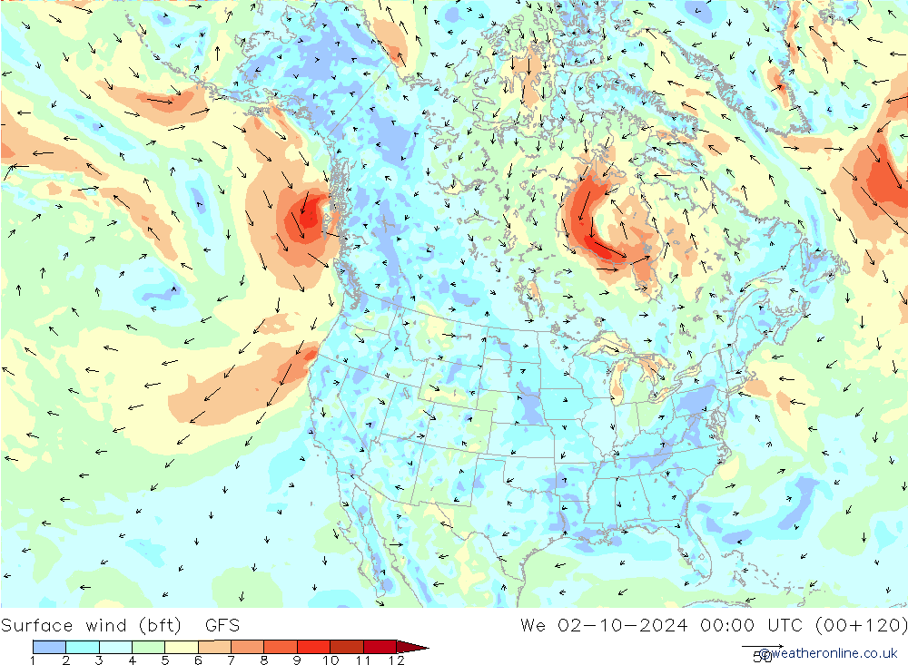 Vento 10 m (bft) GFS Qua 02.10.2024 00 UTC