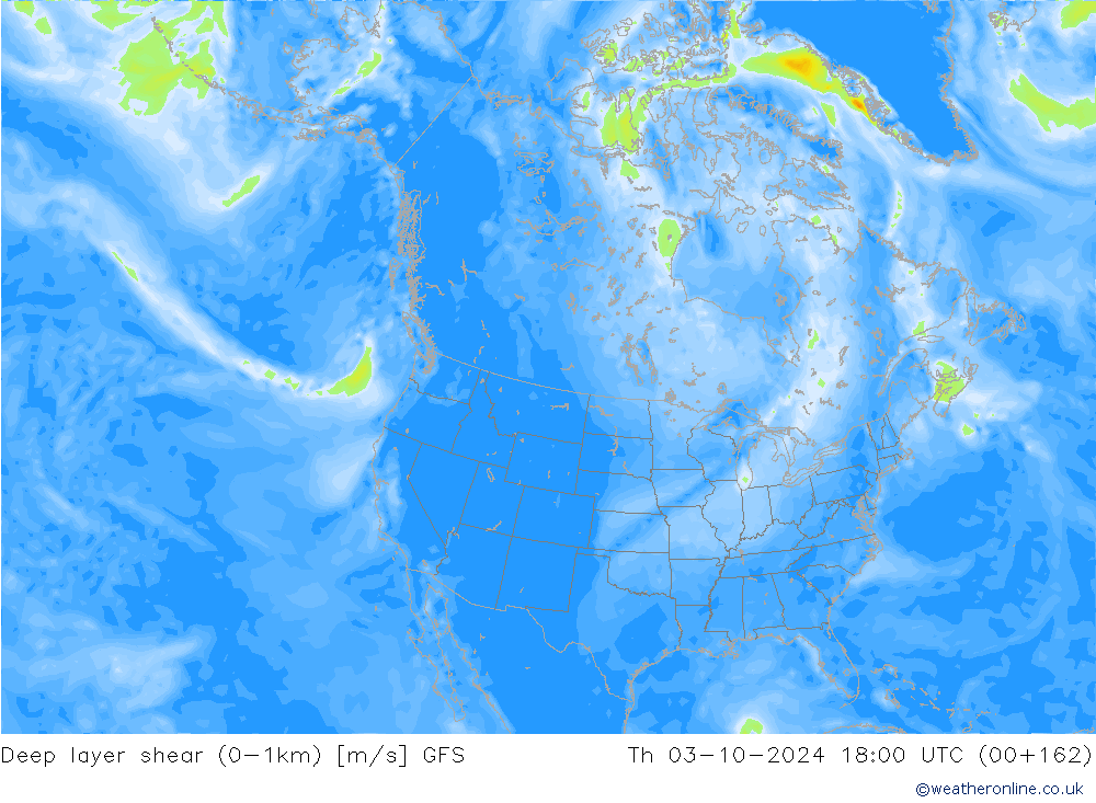 Deep layer shear (0-1km) GFS do 03.10.2024 18 UTC