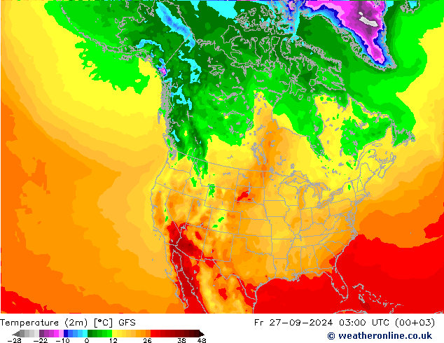 mapa temperatury (2m) GFS pt. 27.09.2024 03 UTC