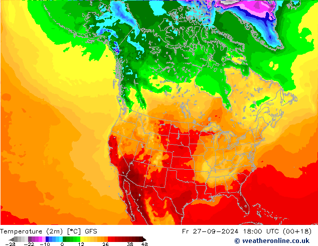 température (2m) GFS ven 27.09.2024 18 UTC