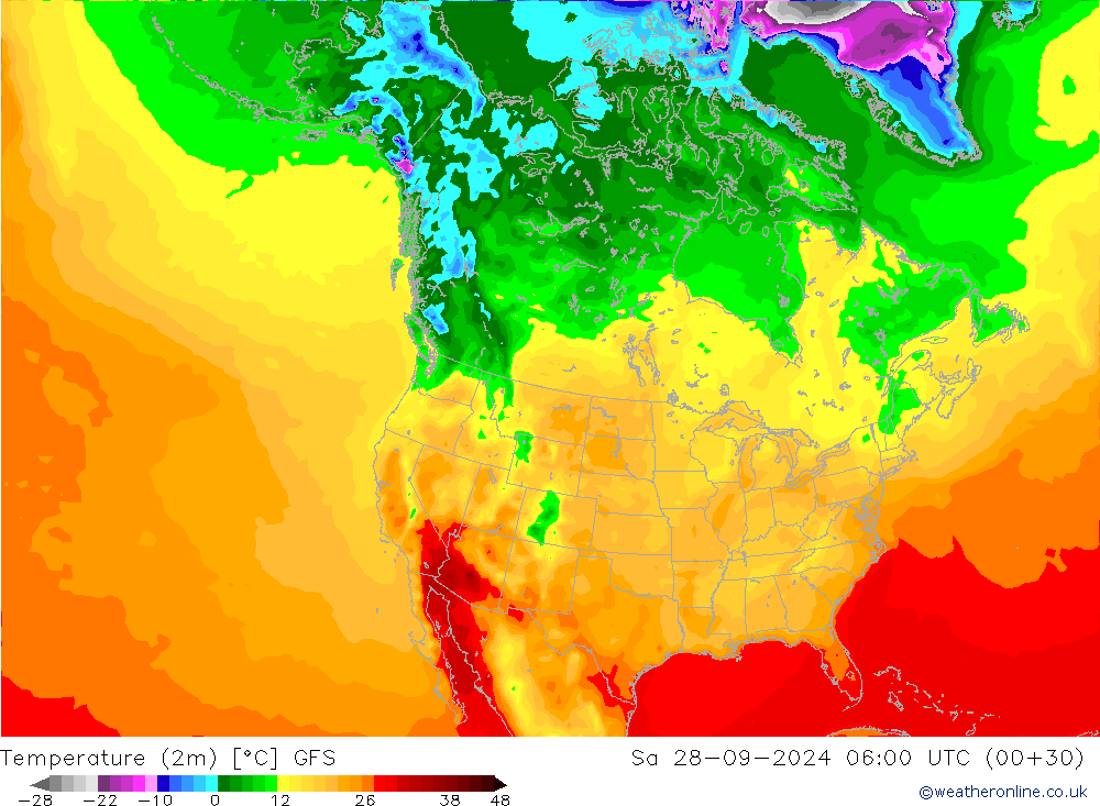 Temperatura (2m) GFS sáb 28.09.2024 06 UTC