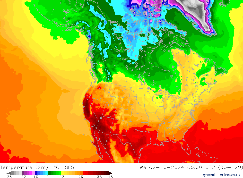 Temperature (2m) GFS We 02.10.2024 00 UTC