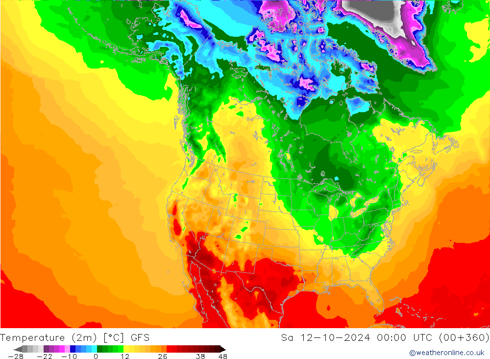 température (2m) GFS sam 12.10.2024 00 UTC