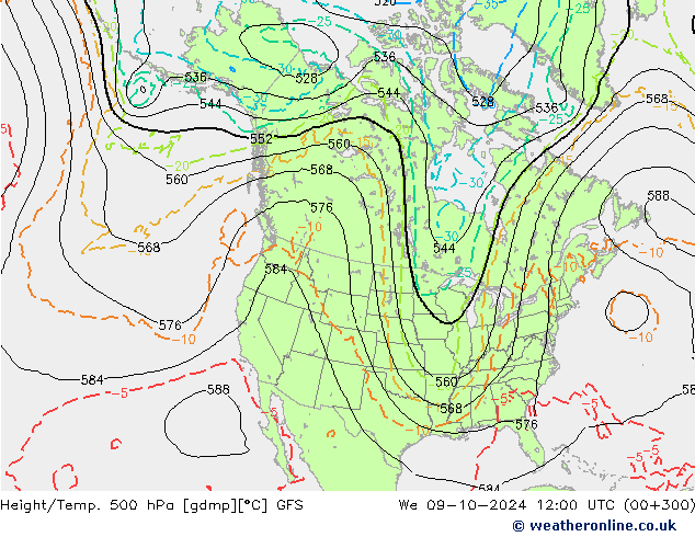 Z500/Rain (+SLP)/Z850 GFS We 09.10.2024 12 UTC