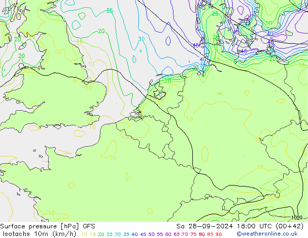 Isotachs (kph) GFS sam 28.09.2024 18 UTC