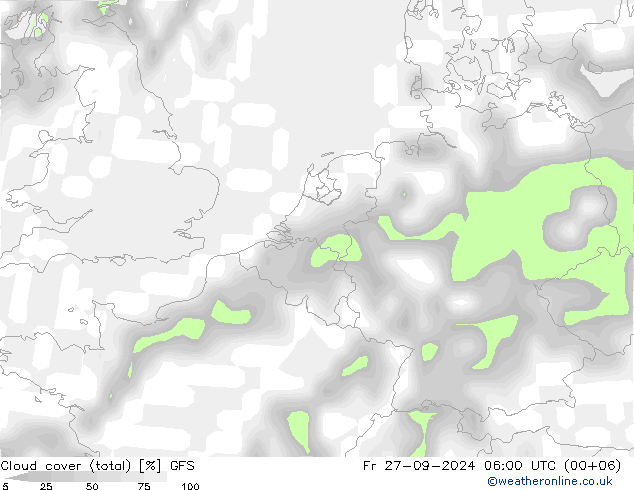 Cloud cover (total) GFS Pá 27.09.2024 06 UTC