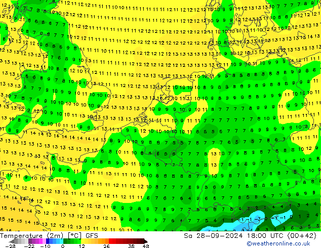 Temperatuurkaart (2m) GFS za 28.09.2024 18 UTC