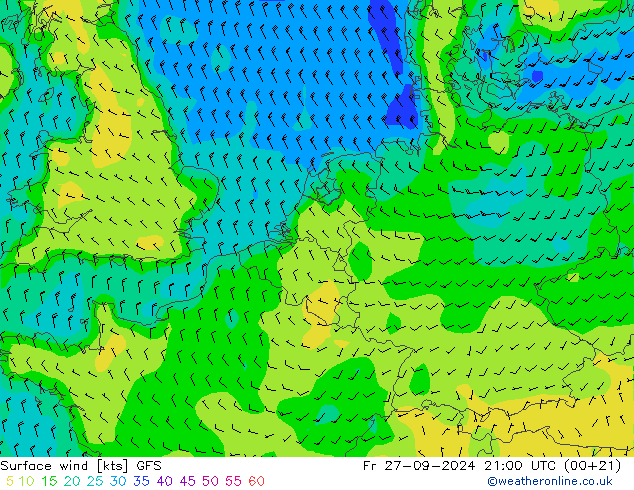 Wind 10 m GFS vr 27.09.2024 21 UTC