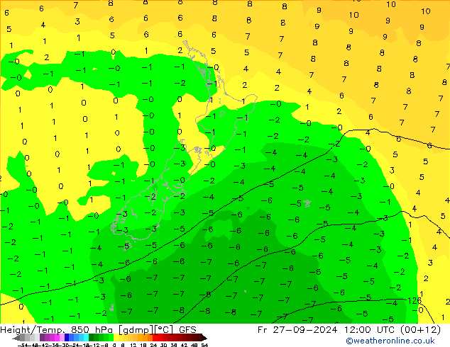 Height/Temp. 850 hPa GFS Pá 27.09.2024 12 UTC