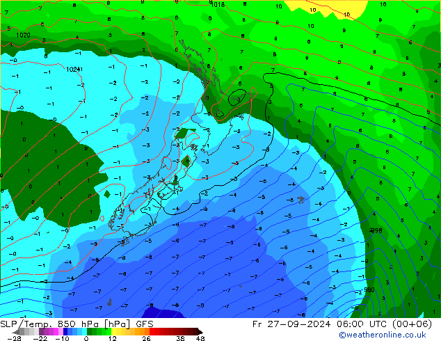 SLP/Temp. 850 hPa GFS Pá 27.09.2024 06 UTC