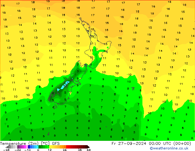 Temperature (2m) GFS Fr 27.09.2024 00 UTC