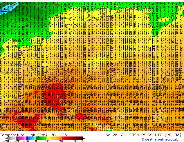 Max.temperatuur (2m) GFS za 28.09.2024 09 UTC