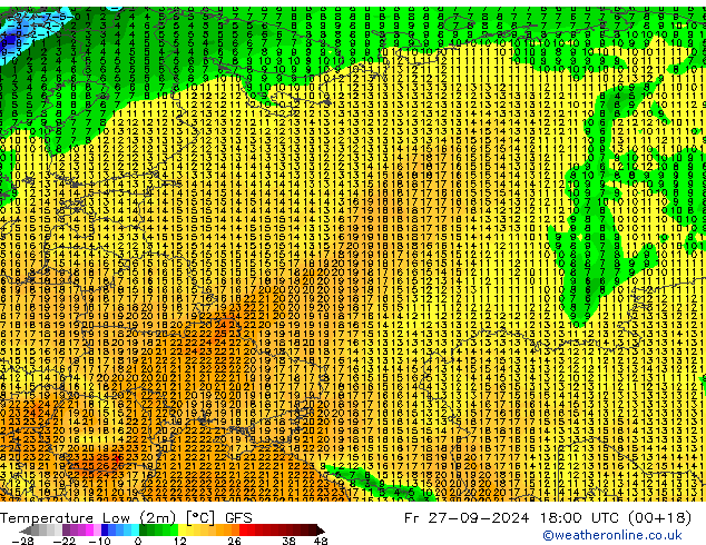 Temperature Low (2m) GFS Fr 27.09.2024 18 UTC