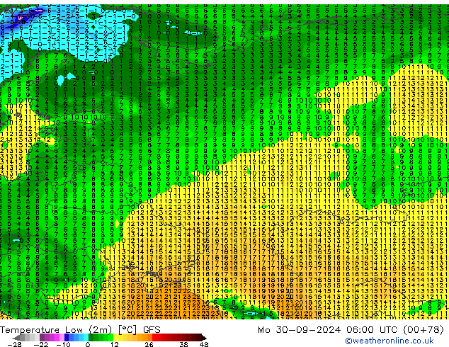 Temperature Low (2m) GFS Mo 30.09.2024 06 UTC