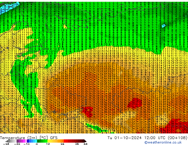 Temperatuurkaart (2m) GFS di 01.10.2024 12 UTC