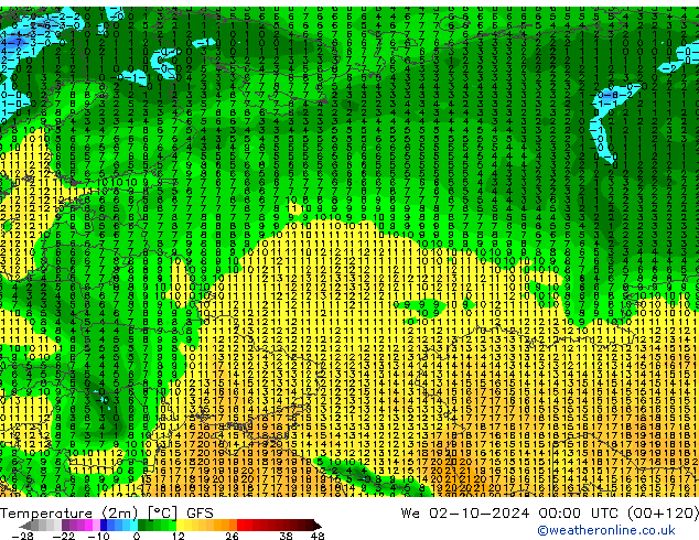 Temperature (2m) GFS We 02.10.2024 00 UTC