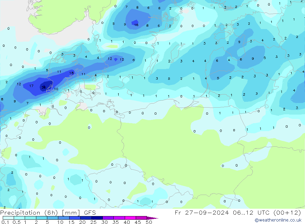 Precipitation (6h) GFS Fr 27.09.2024 12 UTC