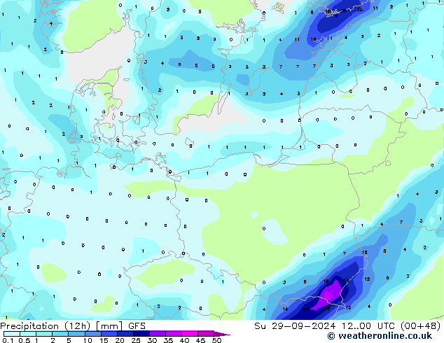 Totale neerslag (12h) GFS zo 29.09.2024 00 UTC