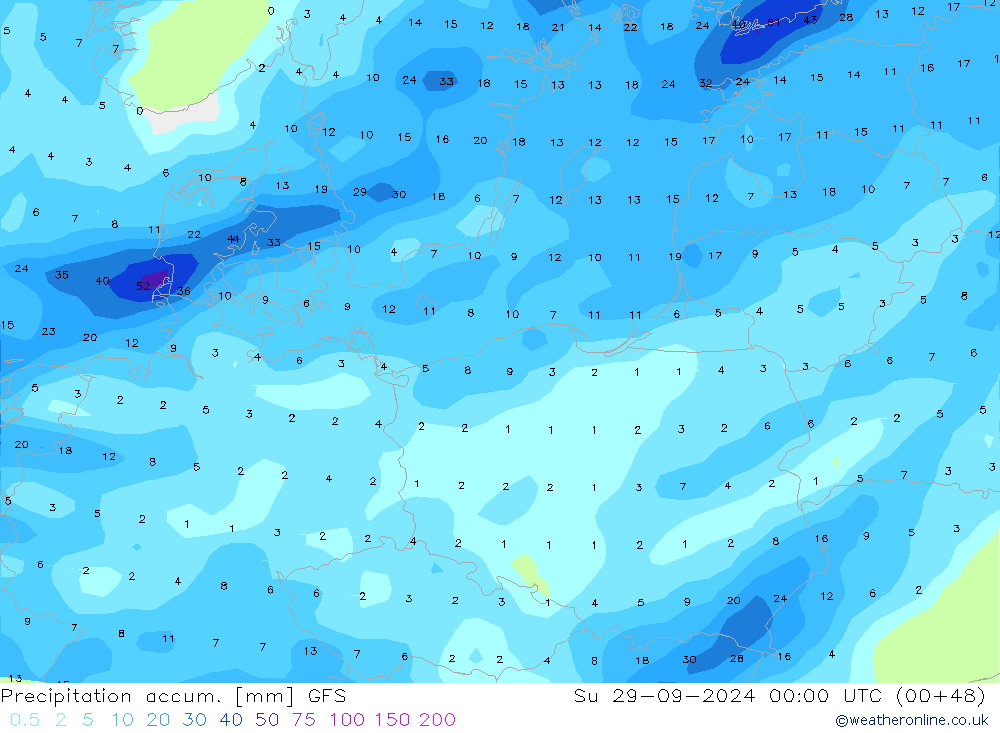 Precipitation accum. GFS Su 29.09.2024 00 UTC