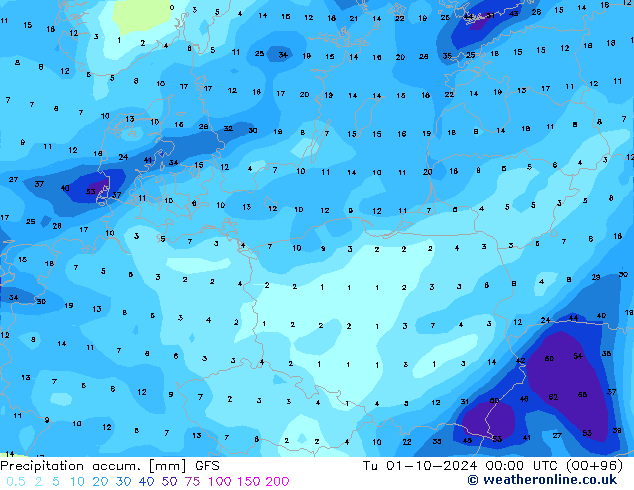 Precipitation accum. GFS wto. 01.10.2024 00 UTC