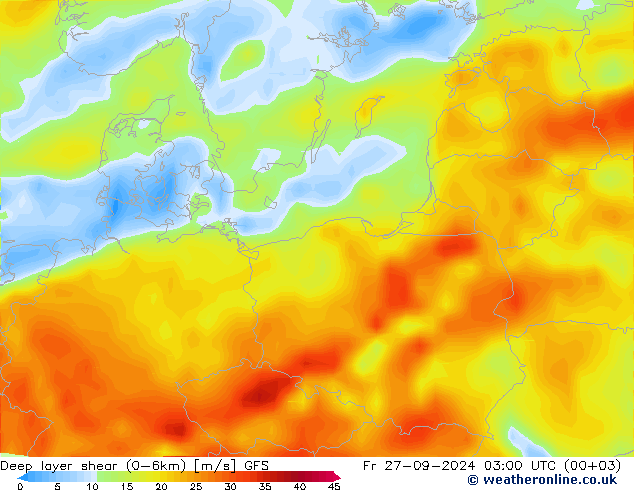 Deep layer shear (0-6km) GFS ven 27.09.2024 03 UTC